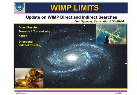July 2001 Neil Spooner WIMP LIMITS Update on WIMP Direct and Indirect Searches Neil Spooner, University of Sheffield Direct Results Towards 1 Ton and why.