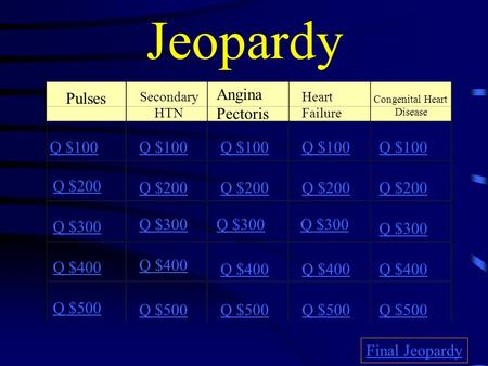 Jeopardy Pulses Secondary HTN Angina Pectoris Heart Failure Congenital Heart Disease Q $100 Q $200 Q $300 Q $400 Q $500 Q $100 Q $200 Q $300 Q $400 Q.