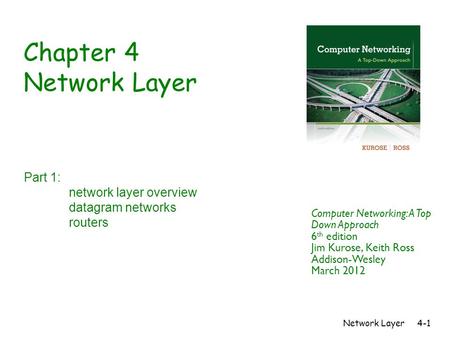Network Layer4-1 Chapter 4 Network Layer Part 1: network layer overview datagram networks routers Computer Networking: A Top Down Approach 6 th edition.