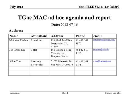 Doc.: IEEE 802.11-12/ 0893r0 Submission July 2012 Fischer, Lee, ZhuSlide 1 TGac MAC ad hoc agenda and report Date: 2012-07-16 Authors: