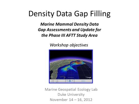 Density Data Gap Filling Marine Geospatial Ecology Lab Duke University November 14 – 16, 2012 Marine Mammal Density Data Gap Assessments and Update for.
