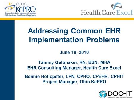 1 Addressing Common EHR Implementation Problems June 18, 2010 Tammy Geltmaker, RN, BSN, MHA EHR Consulting Manager, Health Care Excel Bonnie Hollopeter,