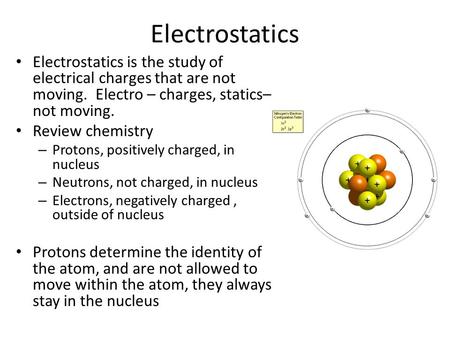 Electrostatics Electrostatics is the study of electrical charges that are not moving. Electro – charges, statics– not moving. Review chemistry Protons,