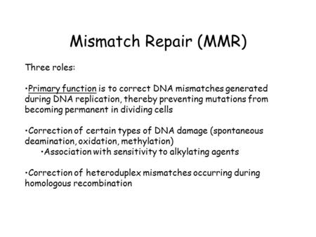 Mismatch Repair (MMR) Three roles: Primary function is to correct DNA mismatches generated during DNA replication, thereby preventing mutations from becoming.
