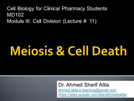 Cell Biology for Clinical Pharmacy Students MD102 Module III: Cell Division (Lecture # 11) Dr. Ahmed Sherif Attia https://sites.google.com/site/ahmedsattia/