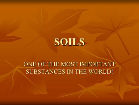 SOILS ONE OF THE MOST IMPORTANT SUBSTANCES IN THE WORLD!