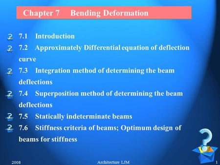 2008 Architecture LJM1 7.1 Introduction 7.2 Approximately Differential equation of deflection curve 7.3 Integration method of determining the beam deflections.