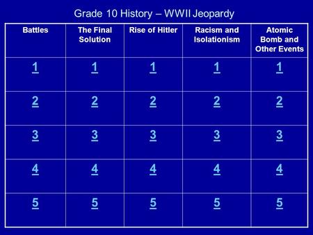 Grade 10 History – WWII Jeopardy BattlesThe Final Solution Rise of HitlerRacism and Isolationism Atomic Bomb and Other Events 11111 22222 33333 44444 55555.