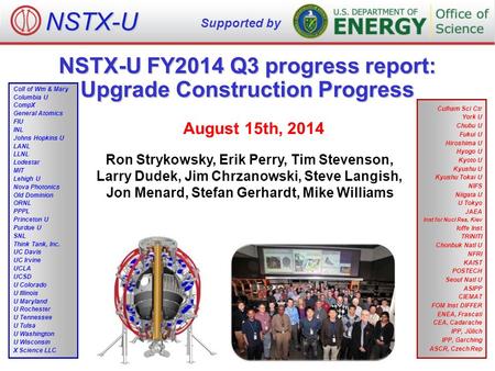NSTX-U FY2014 Q3 progress report: Upgrade Construction Progress Ron Strykowsky, Erik Perry, Tim Stevenson, Larry Dudek, Jim Chrzanowski, Steve Langish,