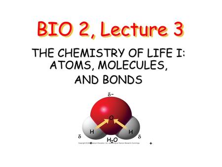 THE CHEMISTRY OF LIFE I: ATOMS, MOLECULES, AND BONDS
