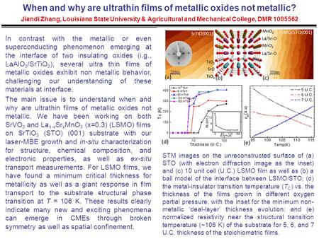 When and why are ultrathin films of metallic oxides not metallic? Jiandi Zhang, Louisiana State University & Agricultural and Mechanical College, DMR 1005562.