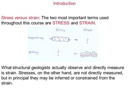 Introduction Stress versus strain: The two most important terms used throughout this course are STRESS and STRAIN. What structural geologists actually.