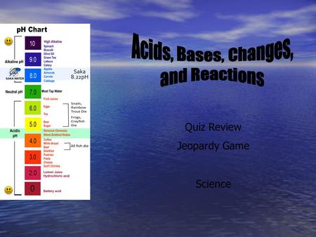 Quiz Review Jeopardy Game Science. Physical/ Chemical Changes Reactions Words that begin with the letter “ i ” or “ c ” Acids/ Bases Applications/ Labs.