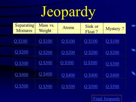 Jeopardy Separating Mixtures Mass vs. Weight Atoms Sink or Float ? Mystery ? Q $100 Q $200 Q $300 Q $400 Q $500 Q $100 Q $200 Q $300 Q $400 Q $500 Final.