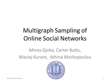 Multigraph Sampling of Online Social Networks Minas Gjoka, Carter Butts, Maciej Kurant, Athina Markopoulou 1Multigraph sampling.