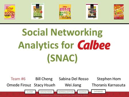 Team #6 Bill Cheng Sabina Del RossoStephen Hom Omede Firouz Stacy Hsueh Wei Jiang Thoranis Karnasuta Social Networking Analytics for Calbee (SNAC) CLIENTEER/SCHEMANORMALIZATIONQUERIES.