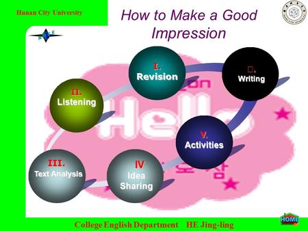Hunan City University College English Department HE Jing-ling How to Make a Good Impression III. Text Analysis I. Revision I. Revision II. Listening N.