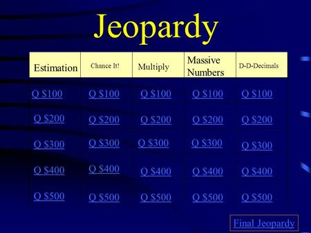 Jeopardy Estimation Chance It! Multiply Massive Numbers D-D-Decimals Q $100 Q $200 Q $300 Q $400 Q $500 Q $100 Q $200 Q $300 Q $400 Q $500 Final Jeopardy.