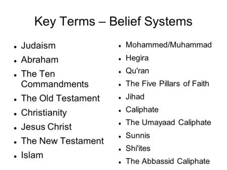 Key Terms – Belief Systems Judaism Abraham The Ten Commandments The Old Testament Christianity Jesus Christ The New Testament Islam Mohammed/Muhammad Hegira.