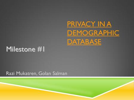 PRIVACY IN A DEMOGRAPHIC DATABASE Milestone #1 Razi Mukatren, Golan Salman.