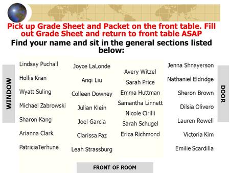 Pick up Grade Sheet and Packet on the front table. Fill out Grade Sheet and return to front table ASAP Find your name and sit in the general sections listed.