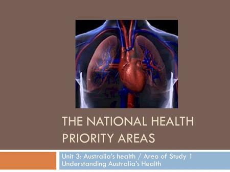 THE NATIONAL HEALTH PRIORITY AREAS Unit 3: Australia’s health / Area of Study 1 Understanding Australia’s Health.