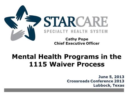 Mental Health Programs in the 1115 Waiver Process June 5, 2013 Crossroads Conference 2013 Lubbock, Texas Cathy Pope Chief Executive Officer.