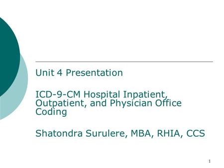 1 Chapter 5 Unit 4 Presentation ICD-9-CM Hospital Inpatient, Outpatient, and Physician Office Coding Shatondra Surulere, MBA, RHIA, CCS.