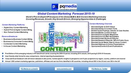 Www.pqmedia.com PQ Media on LinkedIn PQ Media on Twitter Global Content Marketing Forecast 2015-19 World’s First In-Depth KPI Analysis of the Global B2B.