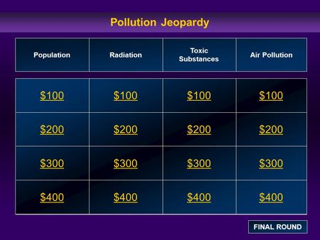 Pollution Jeopardy $100 $200 $300 $400 $100$100$100 $200 $300 $400 PopulationRadiation Toxic Substances Air Pollution FINAL ROUND.