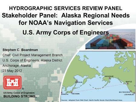 US Army Corps of Engineers BUILDING STRONG ® HYDROGRAPHIC SERVICES REVIEW PANEL Stakeholder Panel: Alaska Regional Needs for NOAA’s Navigation Services.