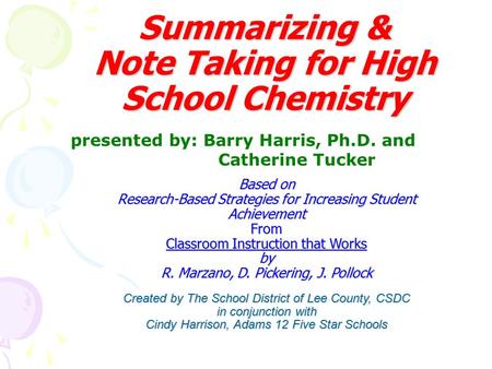 Based on Research-Based Strategies for Increasing Student Achievement From Classroom Instruction that Works by R. Marzano, D. Pickering, J. Pollock Created.