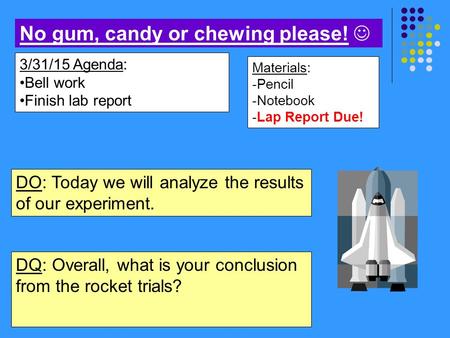 Materials: -Pencil -Notebook -Lap Report Due! 3/31/15 Agenda: Bell work Finish lab report No gum, candy or chewing please! DO: Today we will analyze the.
