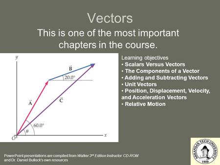 Vectors This is one of the most important chapters in the course. PowerPoint presentations are compiled from Walker 3 rd Edition Instructor CD-ROM and.