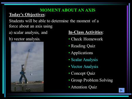 MOMENT ABOUT AN AXIS In-Class Activities: Check Homework Reading Quiz Applications Scalar Analysis Vector Analysis Concept Quiz Group Problem Solving Attention.