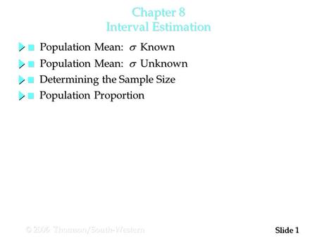 1 1 Slide © 2006 Thomson/South-Western Chapter 8 Interval Estimation Population Mean:  Known Population Mean:  Known Population Mean:  Unknown Population.