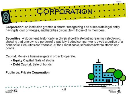 1.12.2.G1 Corporation Corporation: an institution granted a charter recognizing it as a separate legal entity having its own privileges, and liabilities.