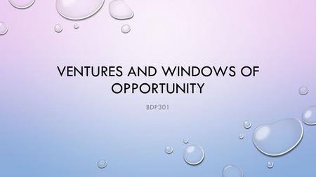 VENTURES AND WINDOWS OF OPPORTUNITY BDP301. WINDOW OF OPPORTUNITY BEFORE STARTING A NEW VENTURE, IT IS IMPORTANT TO CONSIDER HOW THIS VENTURE FITS INTO.