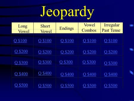 Jeopardy Long Vowel Short Vowel Endings Vowel Combos Irregular Past Tense Q $100 Q $200 Q $300 Q $400 Q $500 Q $100 Q $200 Q $300 Q $400 Q $500.