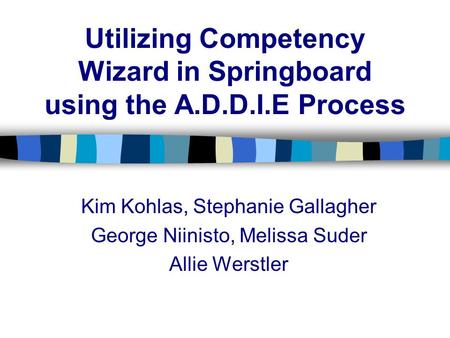 Utilizing Competency Wizard in Springboard using the A.D.D.I.E Process Kim Kohlas, Stephanie Gallagher George Niinisto, Melissa Suder Allie Werstler.