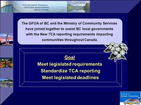 The GFOA of BC and the Ministry of Community Services have joined together to assist BC local governments with the New TCA reporting requirements impacting.