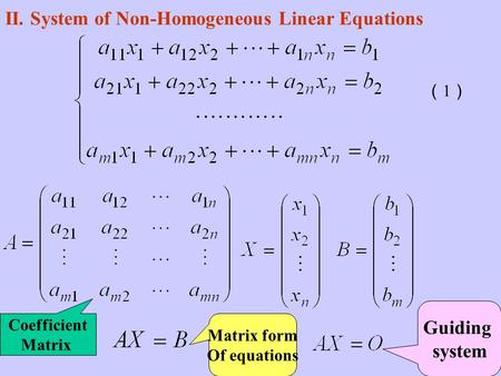 II. System of Non-Homogeneous Linear Equations Coefficient Matrix Matrix form Of equations Guiding system （1）（1）