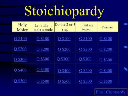Stoichiopardy Holy Moley Do the 2 or 3 step Random Limit my Percent Q $100 Q $200 Q $300 Q $400 Q $500 Q $100 Q $200 Q $300 Q $400 Q $500 Final Chempardy.