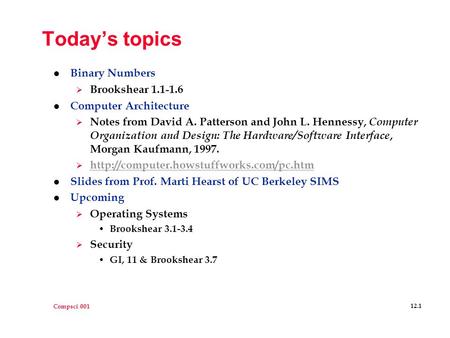 Compsci 001 12.1 Today’s topics l Binary Numbers  Brookshear 1.1-1.6 l Computer Architecture  Notes from David A. Patterson and John L. Hennessy, Computer.