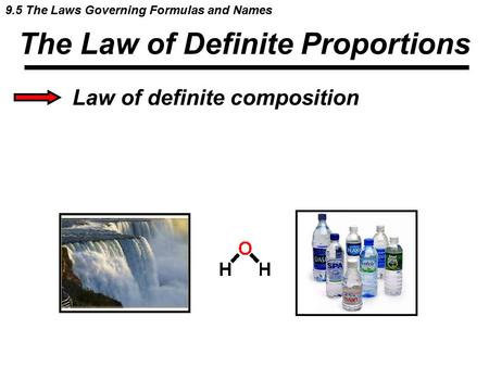Law of definite composition A compound contains the same elements in exactly the same mass proportions regardless of the size or source of sample. The.