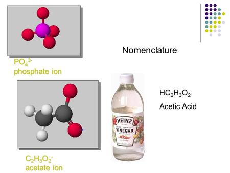Nomenclature PO43- phosphate ion HC2H3O2 Acetic Acid C2H3O2-