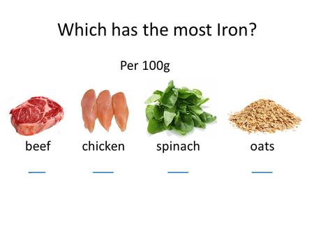 Which has the most Iron? Per 100g beef chicken spinach oats __ ___ ___ ___ Flaxseed 31g wheat 19% barley 19% Quinoa 25% Amaranth 41% corn 15%