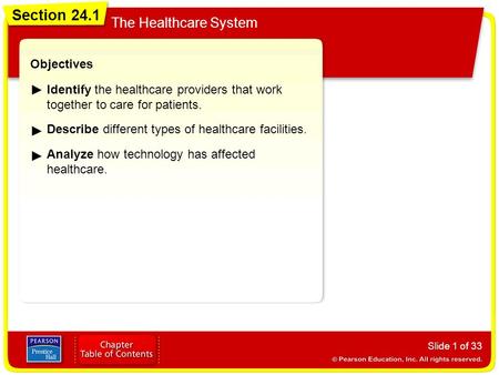Section 24.1 The Healthcare System Slide 1 of 33 Objectives Identify the healthcare providers that work together to care for patients. Describe different.