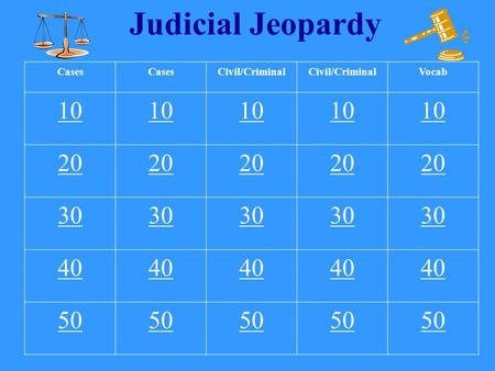 Judicial Jeopardy Cases Civil/Criminal Vocab 10 20 30 40 50.