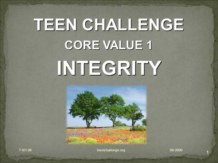 1 TEEN CHALLENGE CORE VALUE 1 INTEGRITY T101.06 iteenchallenge.org 08-2009.